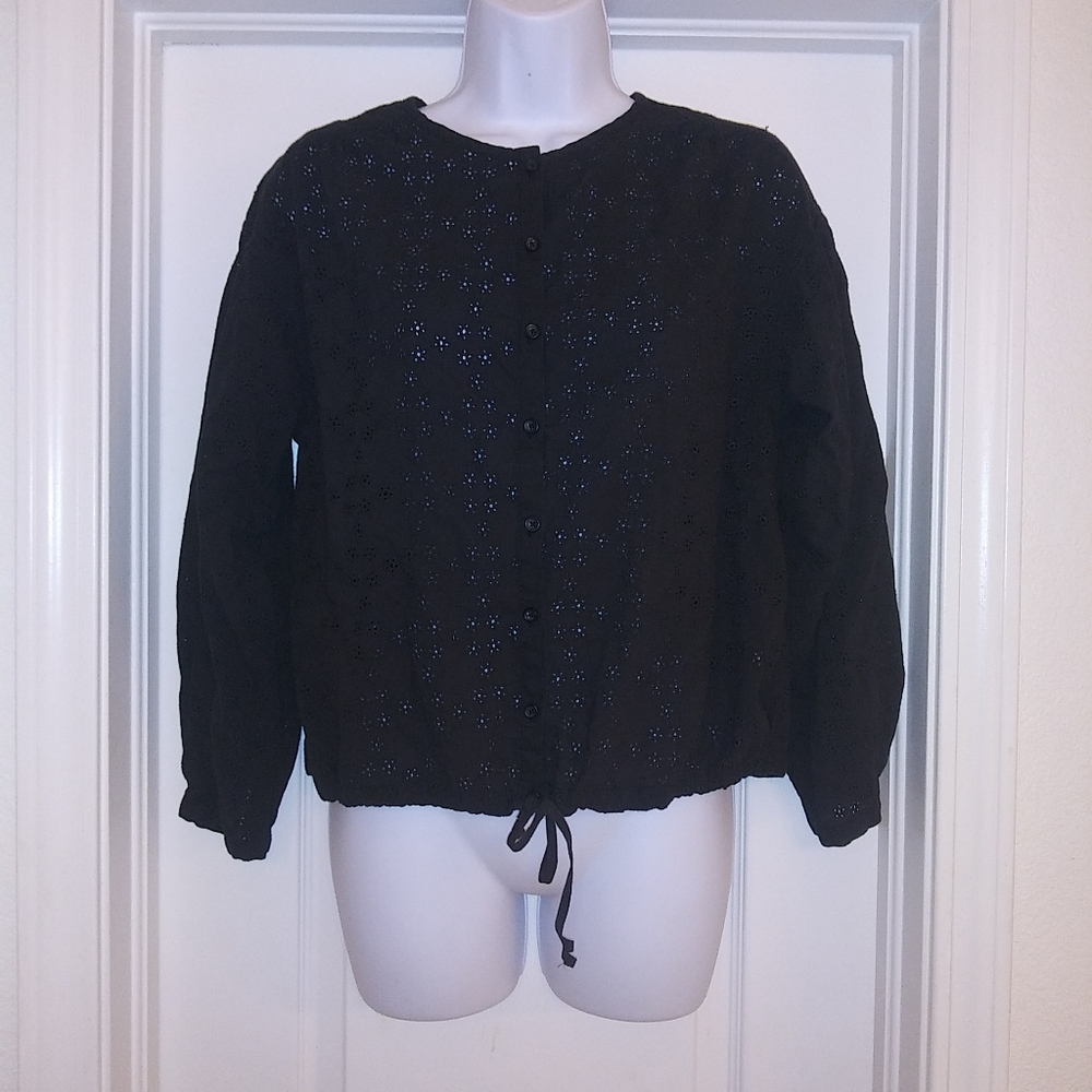 Free People Black Long Sleeve Crochet Top
